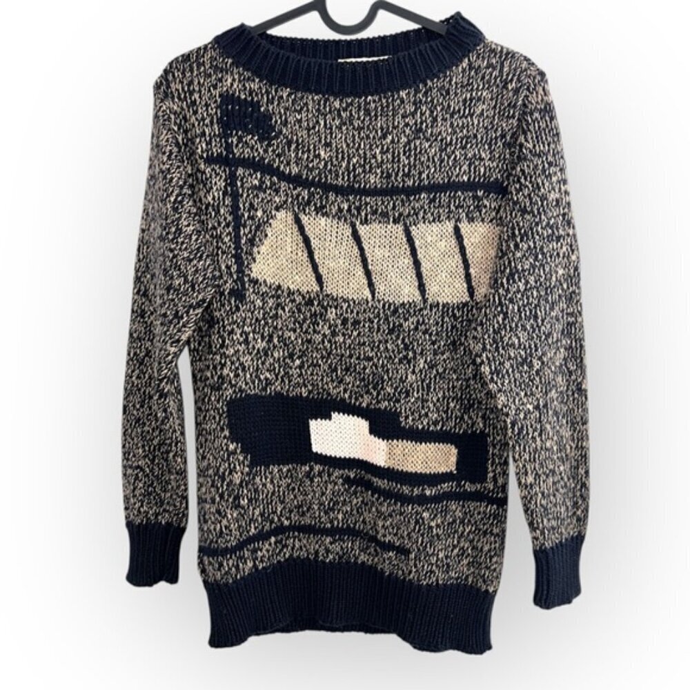 Vintage Laurel by Escada Linen Cotton Knit Navy cream print Jumper Sweater small